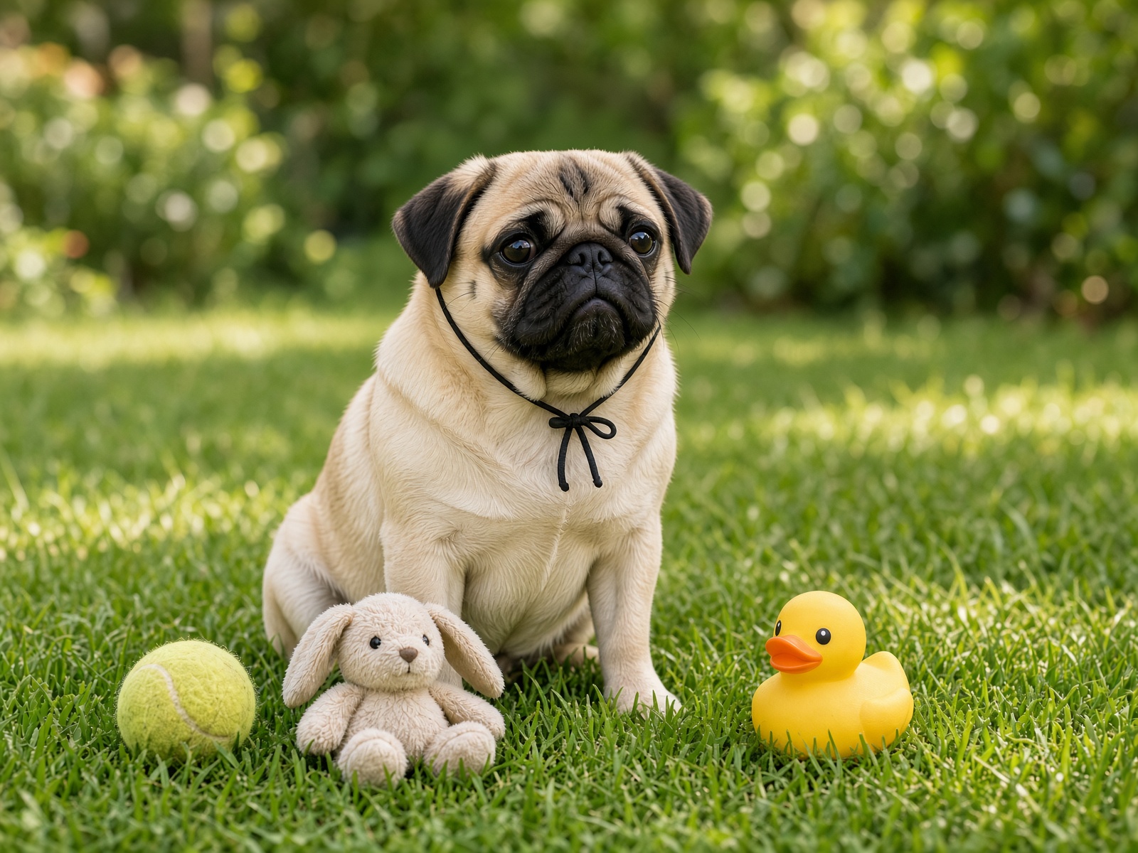 A pug in a yellow daisy PupShade hat on the grass